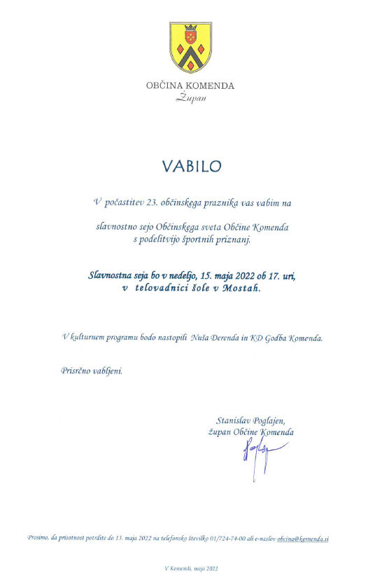VABILO NA SLAVNOSTNO SEJO OBČINSKEGA SVETA